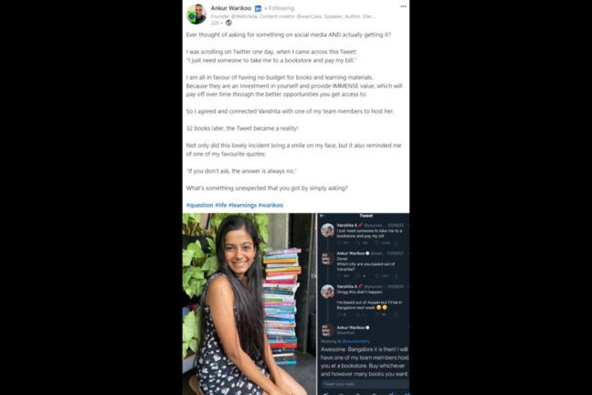 This is how Ankur Warikoo fulfilled girl’s bookstore wish he came across online: ‘If you don’t ask, answer is always no’